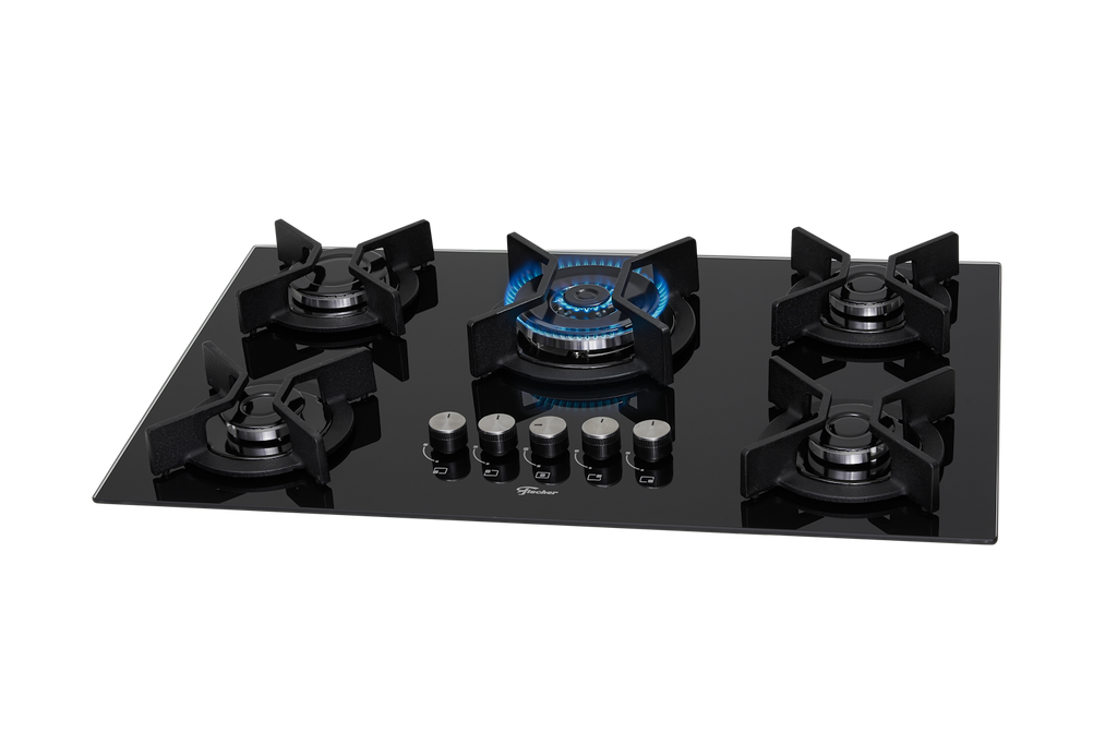 Cooktop à Gás Fischer 5 Bocas Infinity 26298-57077 Tripla Chama Grades em Ferro Fundido Vidro Preto Bivolt