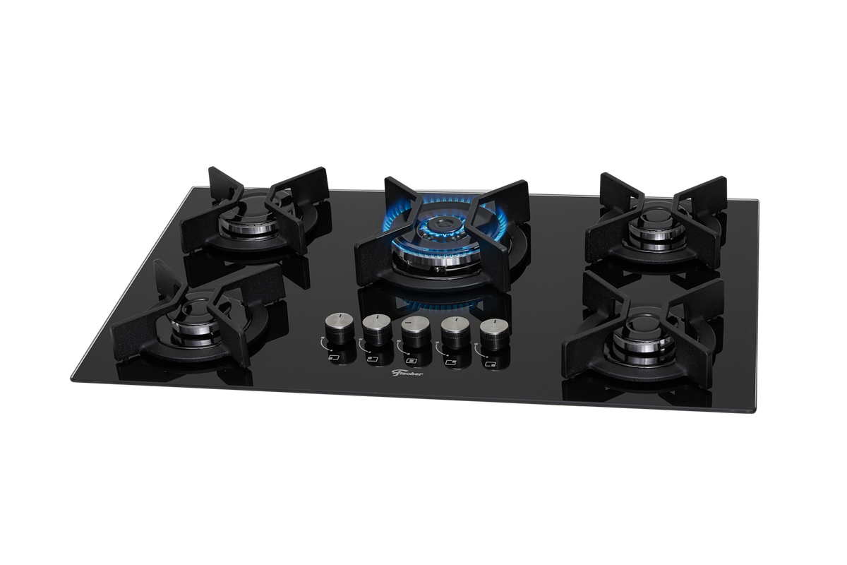 Cooktop à Gás Fischer 5 Bocas Infinity 26298-57077 Tripla Chama Grades em Ferro Fundido Vidro Preto Bivolt