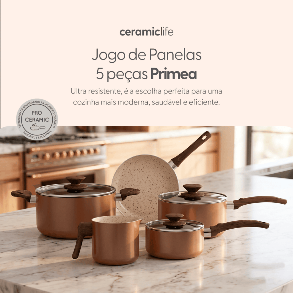 Jogo de Panelas Ceramic Life Brinox Antiaderente Primea Cappuccino