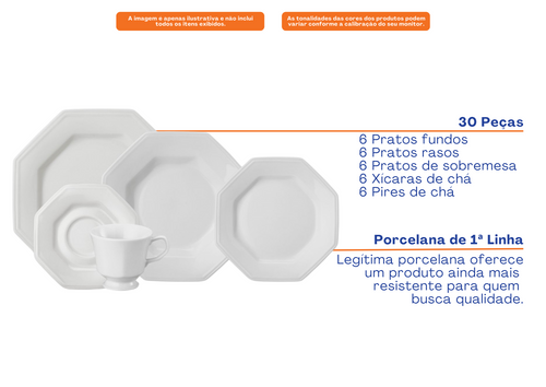 Aparelho de Jantar e Chá Schmidt 30 Peças Prisma 1ª Linha Branco