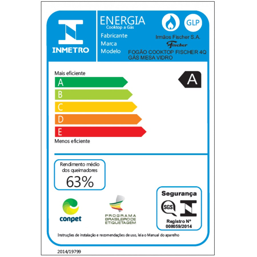 Cooktop à Gás Fischer 4 Bocas 1519-5902 Vidro Branco Bivolt