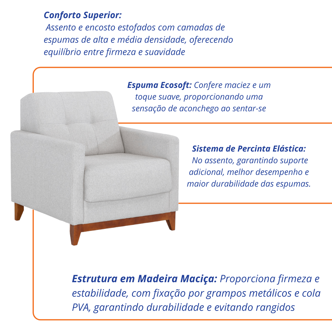 Poltrona 96cm Herval MH4219 Base Madeira Linho Cinza