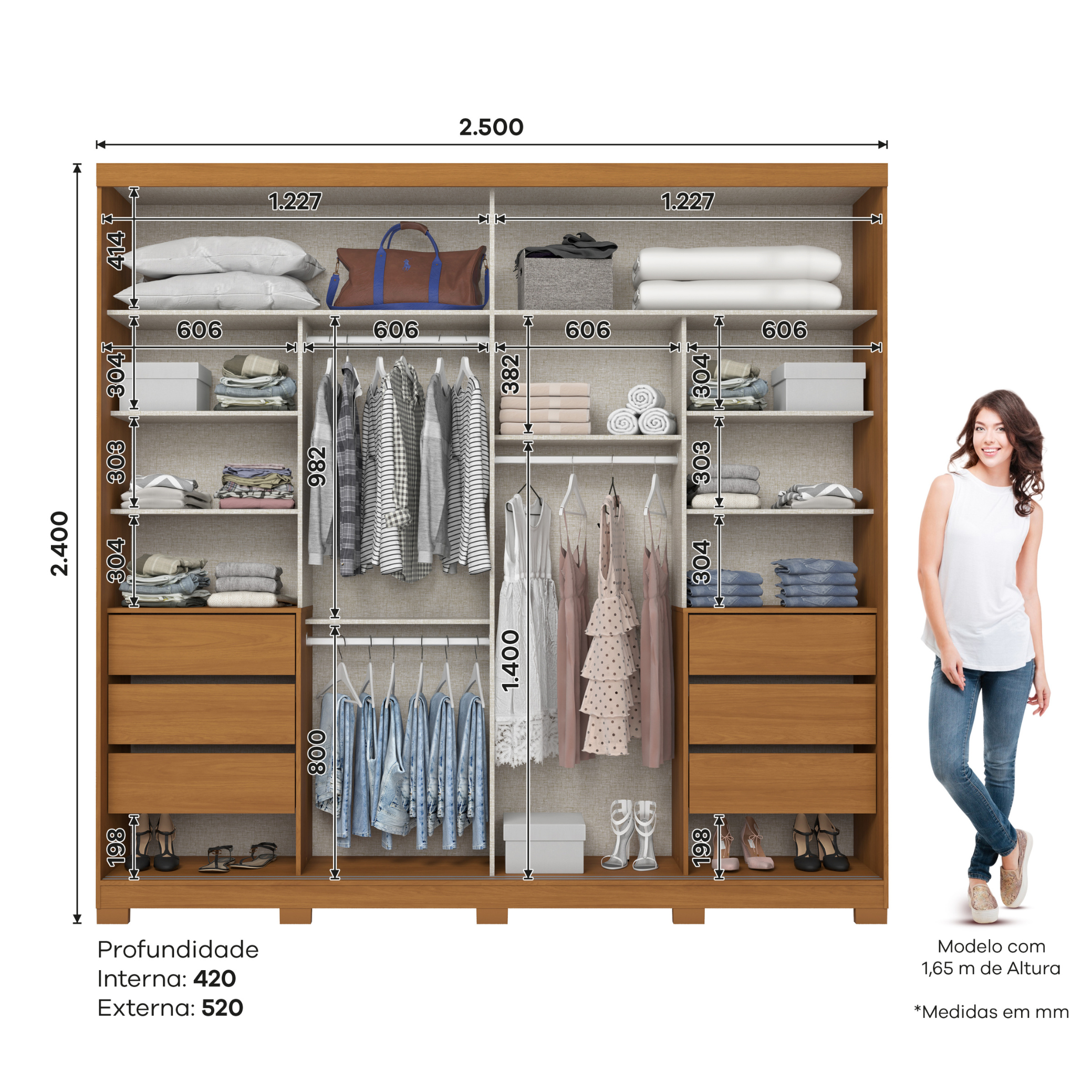 Roupeiro Cayman Henn 250cm 100% MDF 2 Portas Cinamomo e Off White