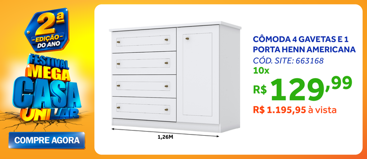 Cômoda Americana Henn 4 Gavetas 1 Porta Branco HP