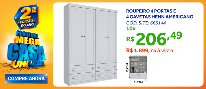Roupeiro Americano Henn 159cm 4 Portas 4 Gavetas Branco