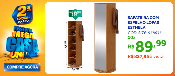 Sapateira Esthela Giratória Lopas 60x187cm com Espelho Amêndoa Clean