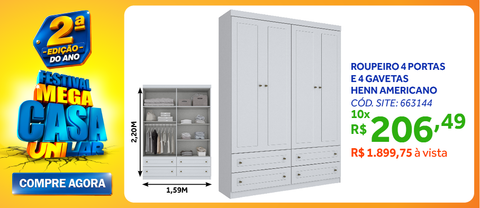 Roupeiro Americano Henn 159cm 4 Portas 4 Gavetas Branco