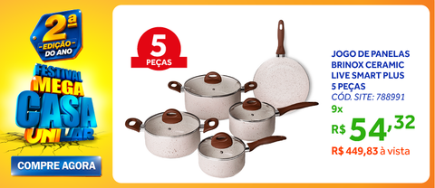 Jogo de Panelas Ceramic Life Brinox 5 Peças Indução Revestimento em Cerâmica Vanilla