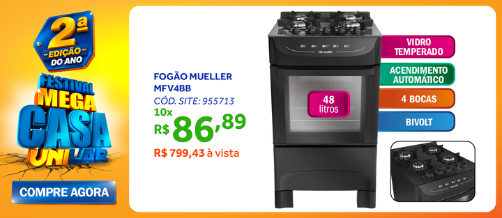 Fogão 4 Bocas Mueller MFV4BB Acendimento Automático Preto Bivolt
