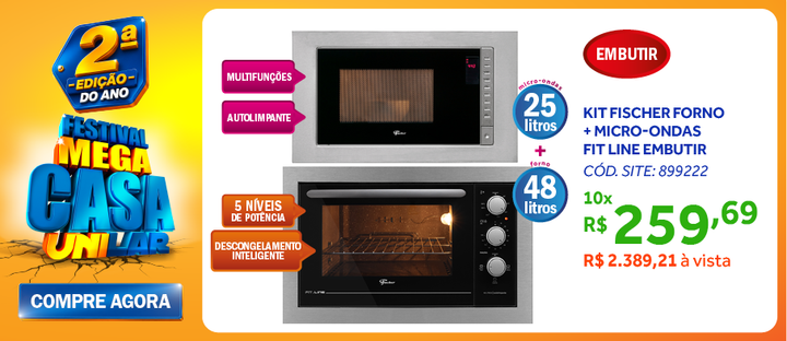 Kit Fischer de Embutir Forno Elétrico 48L Fit Line + Micro-ondas 25L Fit Line Inox 220V