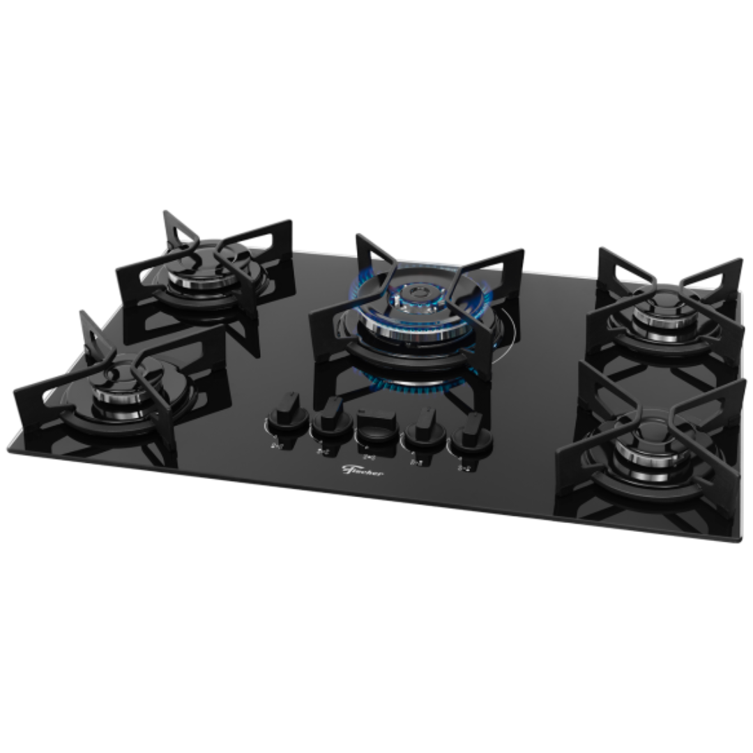 Cooktop a Gás Fischer 5 Bocas Fit Line Tripla Chama Trempe Iron Vidro Preto Bivolt