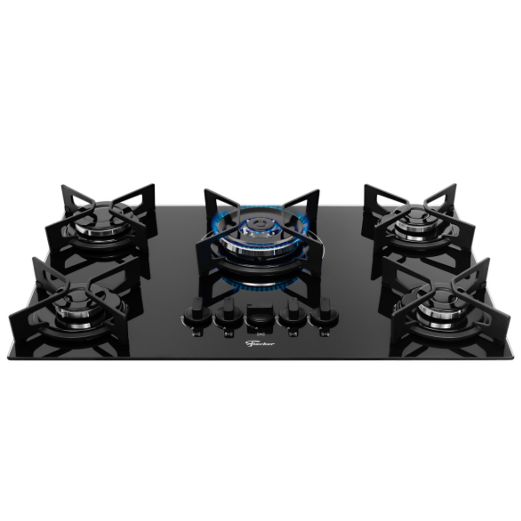 Cooktop a Gás Fischer 5 Bocas Fit Line Tripla Chama Trempe Iron Vidro Preto Bivolt