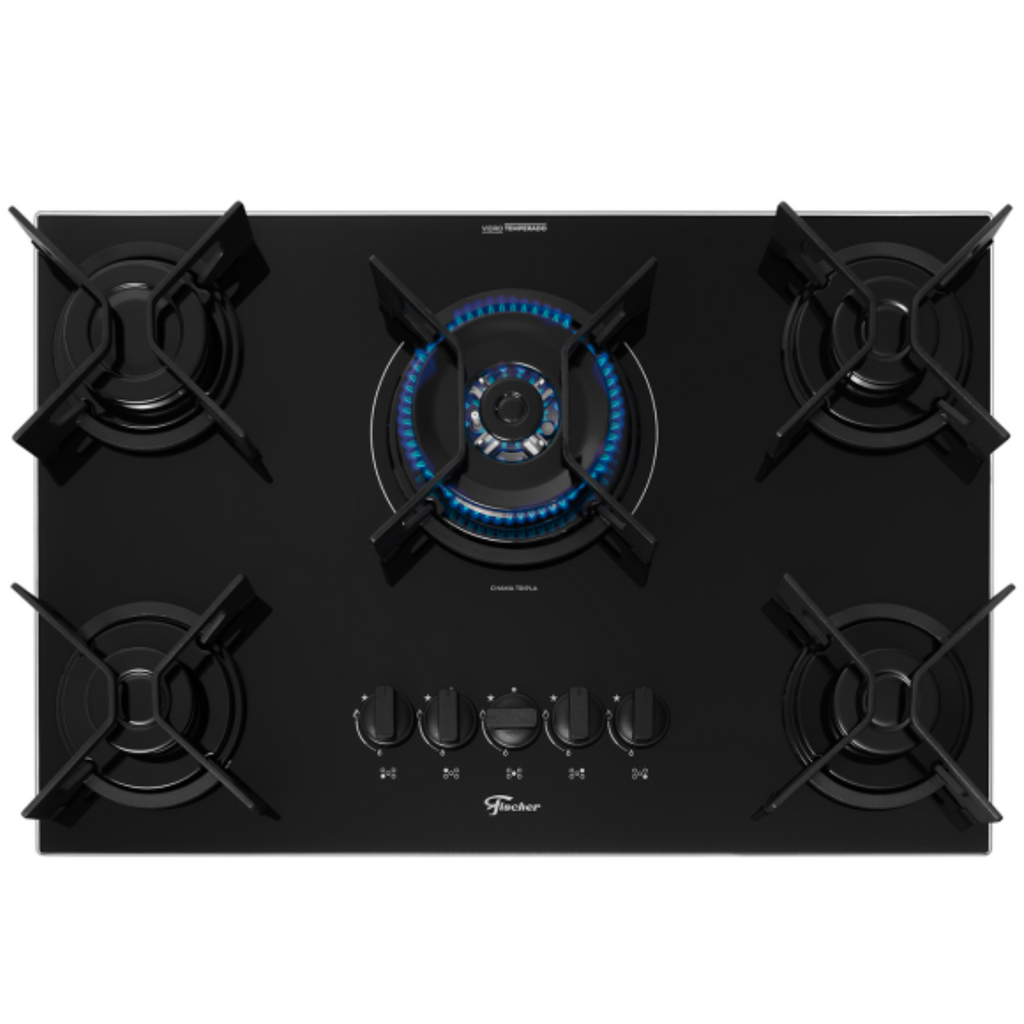Cooktop a Gás Fischer 5 Bocas Fit Line Tripla Chama Trempe Iron Vidro Preto Bivolt
