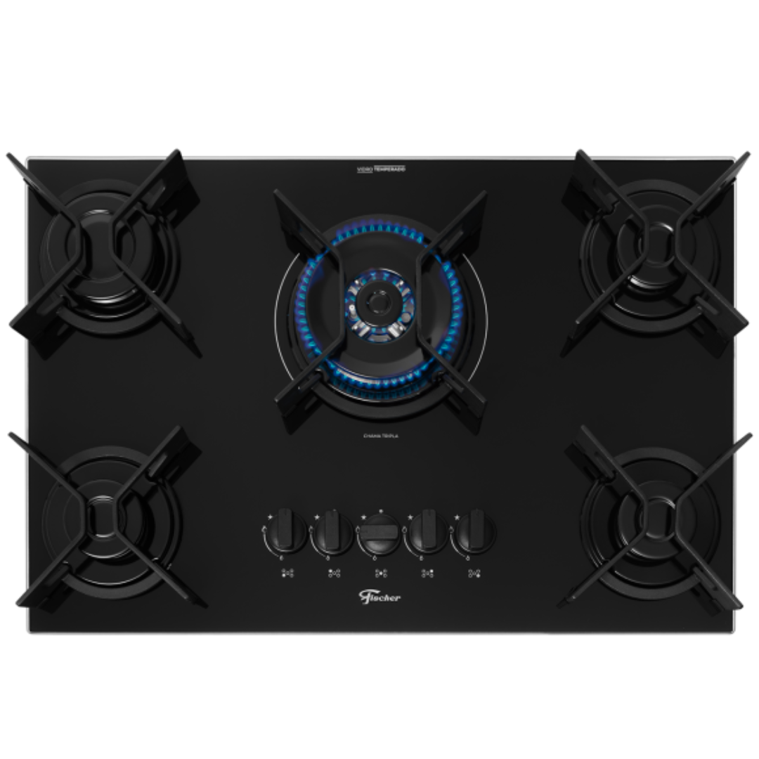 Cooktop a Gás Fischer 5 Bocas Fit Line Tripla Chama Trempe Iron Vidro Preto Bivolt