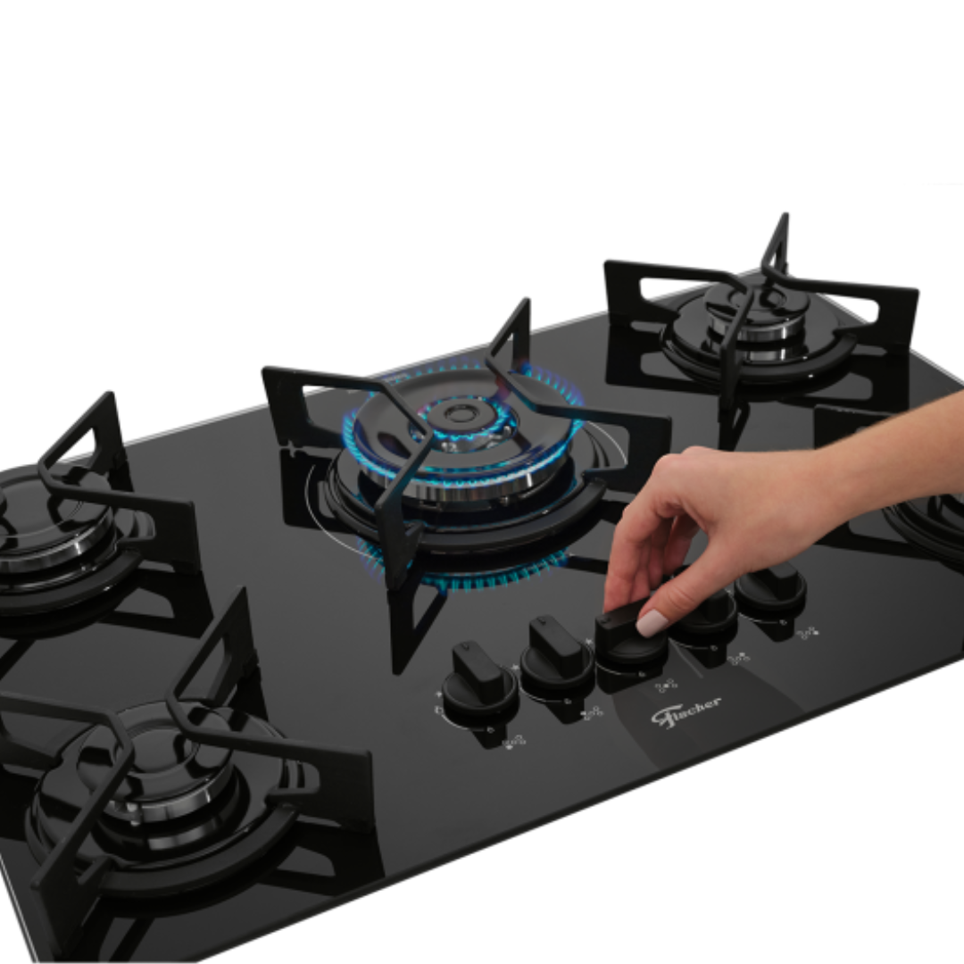 Cooktop a Gás Fischer 5 Bocas Fit Line Tripla Chama Trempe Iron Vidro Preto Bivolt