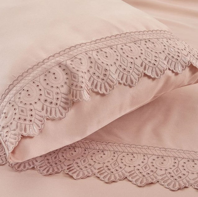 Jogo de Roupa de Cama Queen 4 Peças Hedrons Rendas Toque de Algodão   Rosa