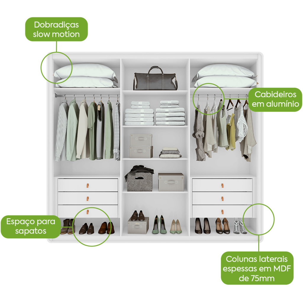 Roupeiro Loop Lopas 270cm 100% MDF 6 Portas Branco