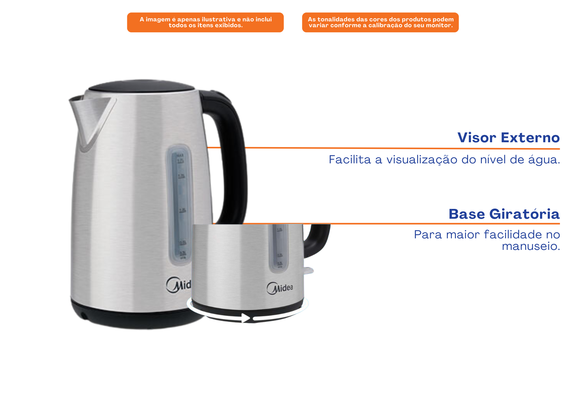 Chaleira Elétrica Midea 1,7L EKA23X2 com Visor Inox/Preto 220V