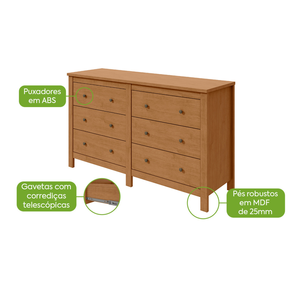 Cômoda Maggiore Lopas 6 Gavetas 162cm Amêndoa Clean
