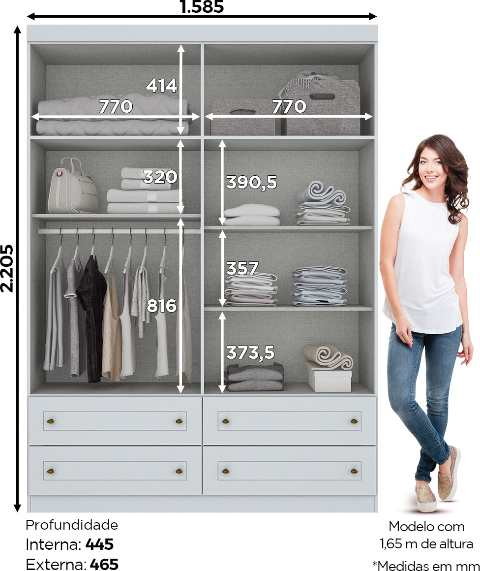 Roupeiro Americano Henn 159cm 4 Portas 4 Gavetas Branco
