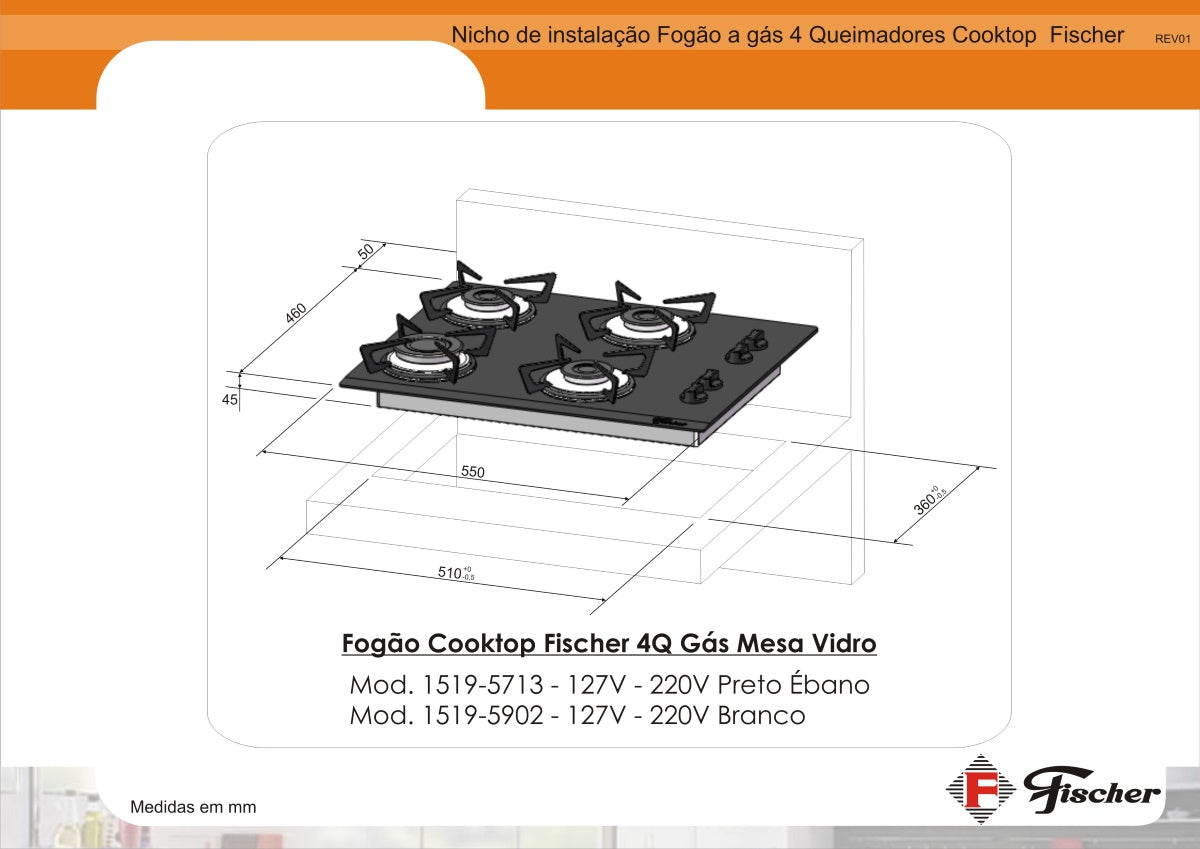 Cooktop à Gás Fischer 4 Bocas 1519-5902 Vidro Branco Bivolt