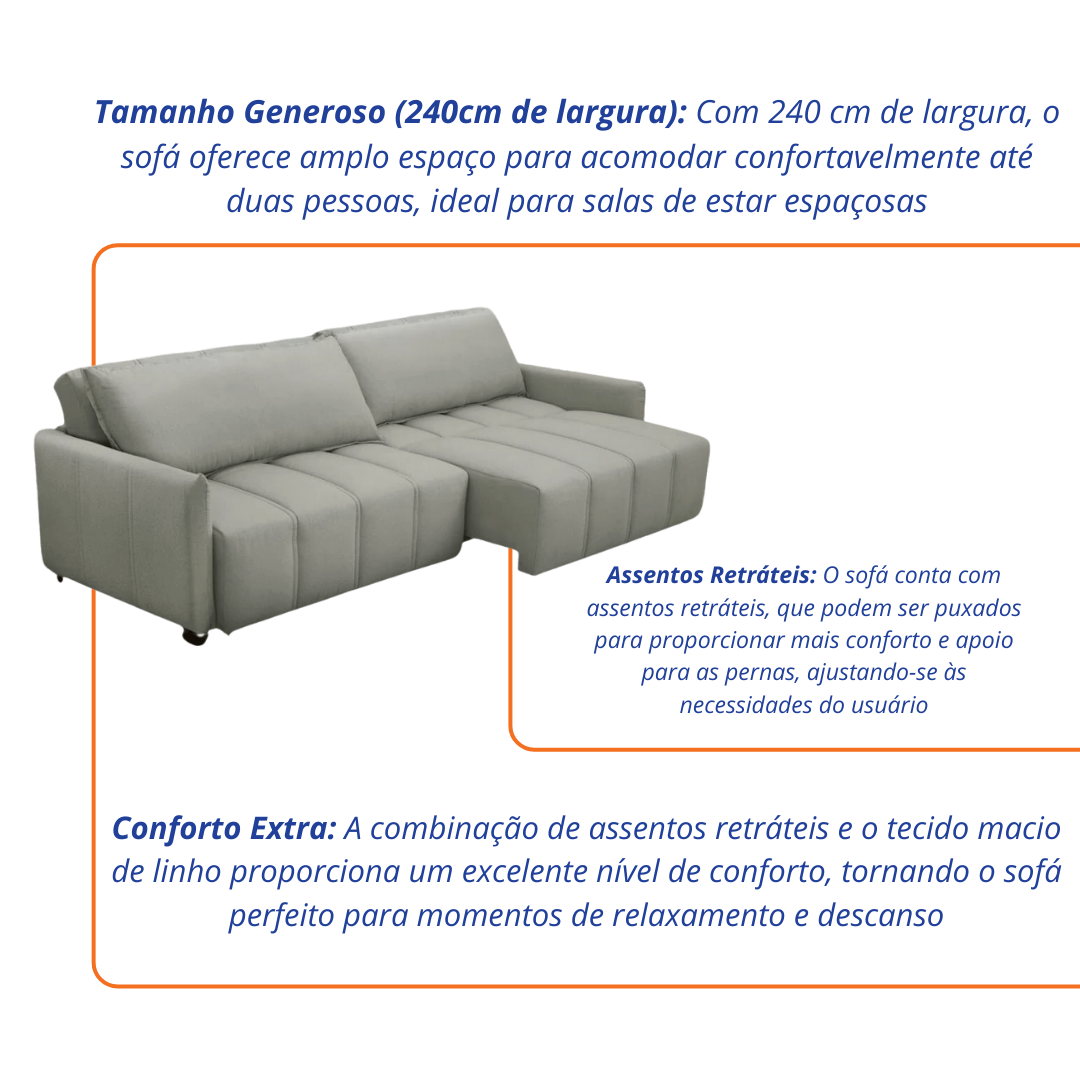 Sofá Nivus 240cm Temda 2 Assentos Retráteis Linho Cinza