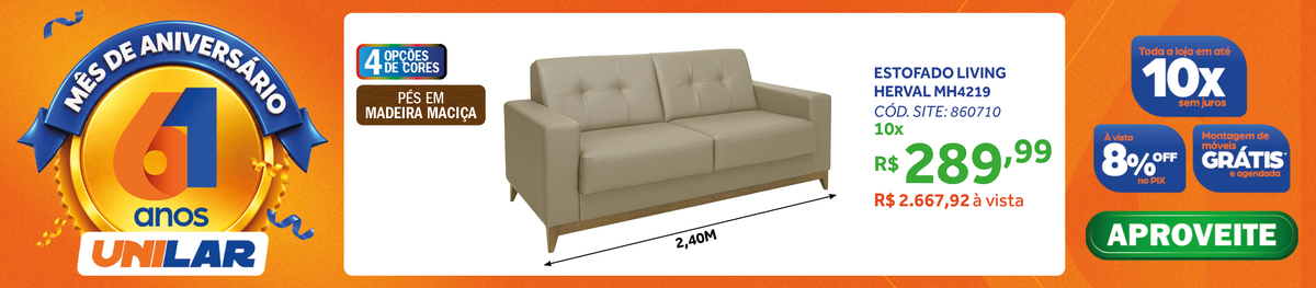 Sofá Living MH4219 240cm Herval 2 Assentos Base Madeira Bege