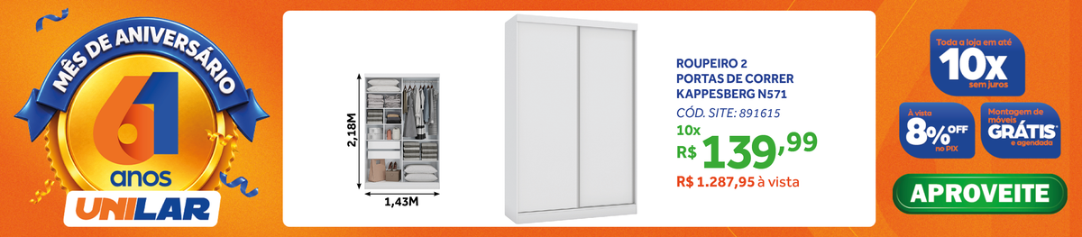 Roupeiro N571 Kappesberg 143cm 2 Portas Flex Branco e Macadâmia