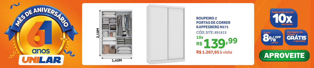 Roupeiro N571 Kappesberg 143cm 2 Portas Flex Branco e Macadâmia
