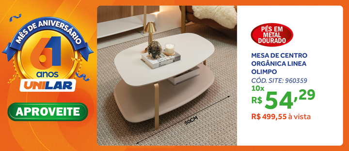 Mesa de Centro Olimpo Linea Off White com Pés Dourados
