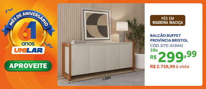Balcão Buffet Bristol Província 188cm 4 Portas Off White Fosco e Natural