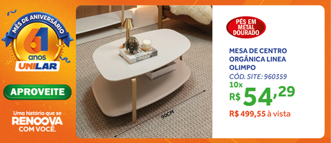 Mesa de Centro Olimpo Linea Off White com Pés Dourados