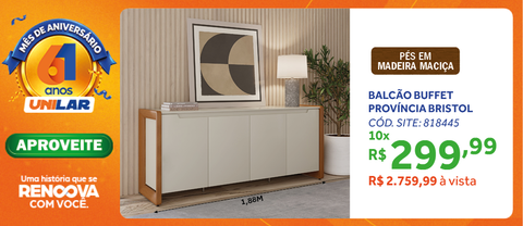 Balcão Buffet Bristol Província 188cm 4 Portas Off White Fosco e Natural