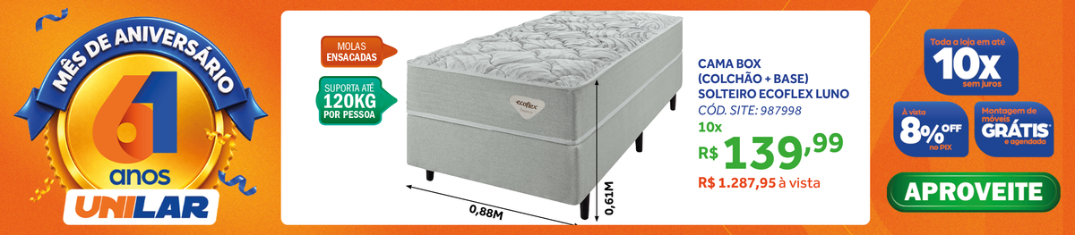 Conjunto Cama Box Luno Solteiro Ecoflex 88X188x61 Molas Ensacadas Prata