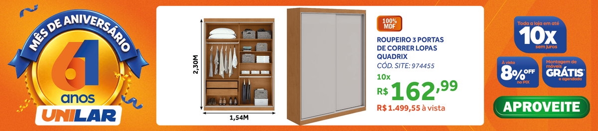 Roupeiro Quadrix Lopas 154cm 2 Portas Correr 100% MDF Flex Amêndoa e Off White