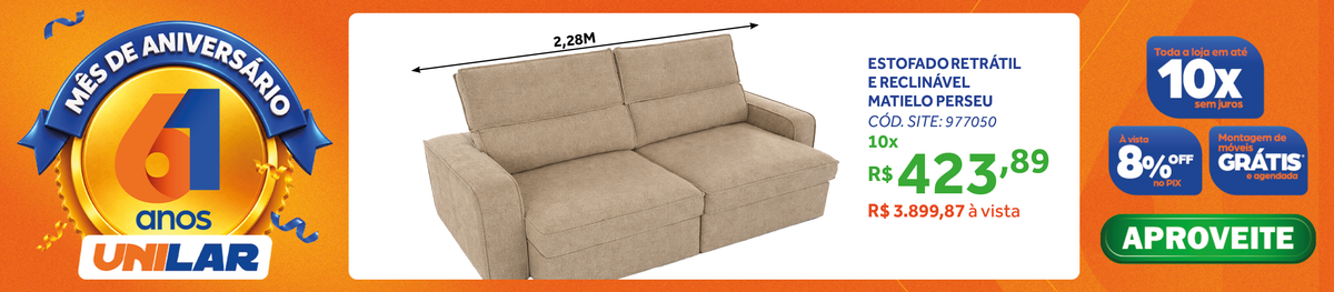 Sofá Perseu 228cm Matielo 2 Assentos Retráteis com Encostos Reclináveis Linho Cappuccino