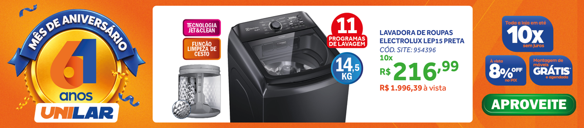 Lavadora de Roupas Electrolux 14,5Kg LEP15 Efficient Jet&Clean Preto 220V