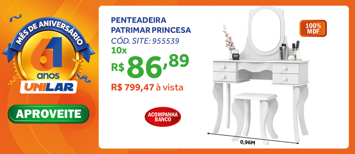 Penteadeira Princesa Patrimar com Espelho e Banco 96cm Branco