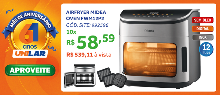 Fritadeira Elétrica Sem Óleo AirFryer 12L Midea Oven Digital Inox 220V