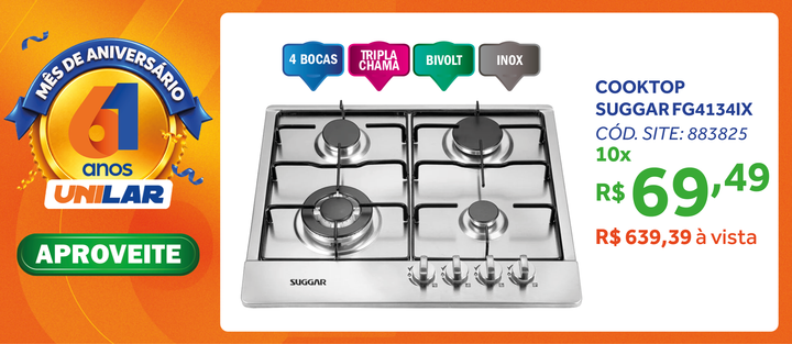 Cooktop a Gás Suggar 4 Bocas FG4134IX Tripla Chama Inox Bivolt