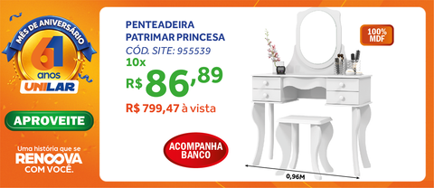 Penteadeira Princesa Patrimar com Espelho e Banco 96cm Branco