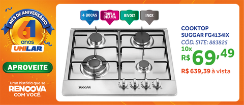 Cooktop a Gás Suggar 4 Bocas FG4134IX Tripla Chama Inox Bivolt