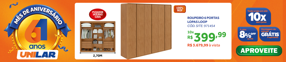 Roupeiro Loop Lopas 270cm 100% MDF 6 Portas  Amêndoa Clean