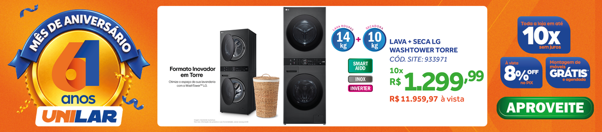 Lavadora e Secadora 14kg LG Torre WashTower AI DD Smart Black Inox 220V