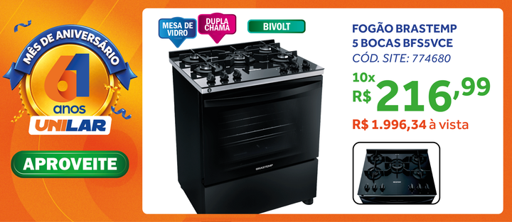 Fogão 5 Bocas Brastemp BFS5VCE Mesa de Vidro e Turbo Chama Preto Bivolt