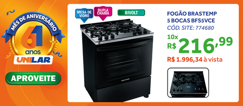Fogão 5 Bocas Brastemp BFS5VCE Mesa de Vidro e Turbo Chama Preto Bivolt