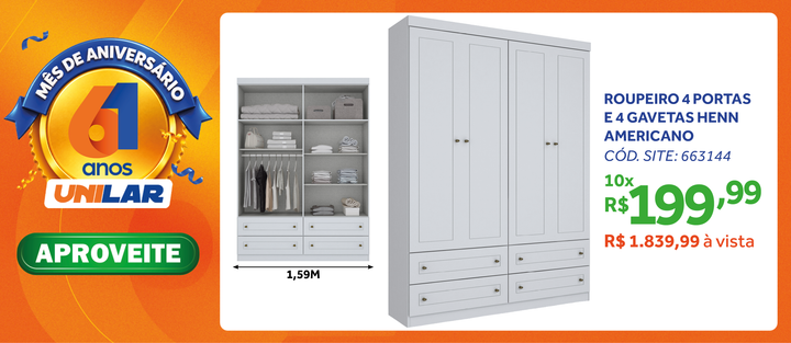 Roupeiro Americano Henn 159cm 4 Portas 4 Gavetas Branco