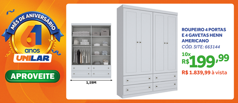 Roupeiro Americano Henn 159cm 4 Portas 4 Gavetas Branco