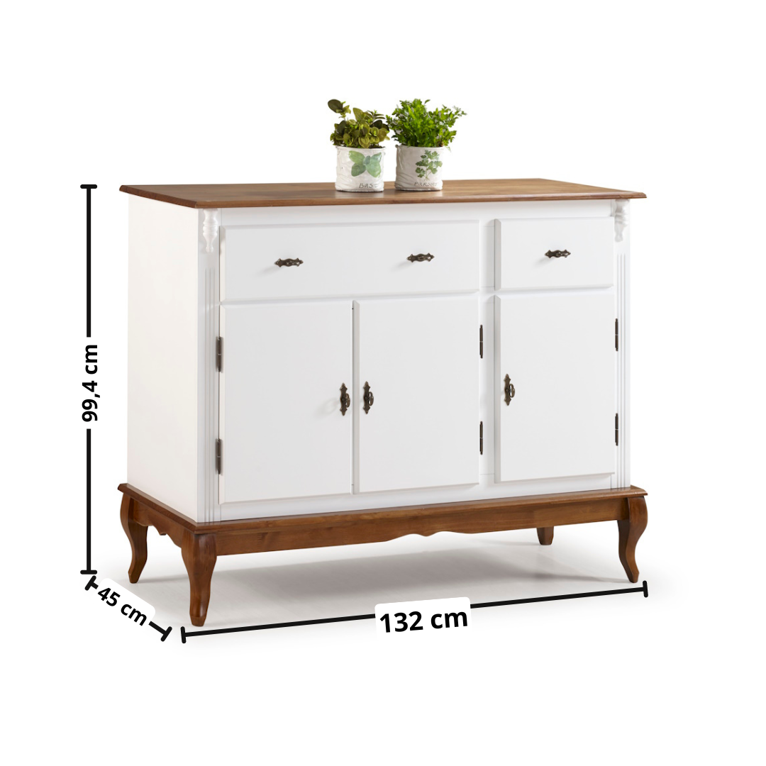 Balcão Buffet Rústico Linz com Pés Luiz XV 132cm 3 Portas 2 Gavetas Branco e Imbuia