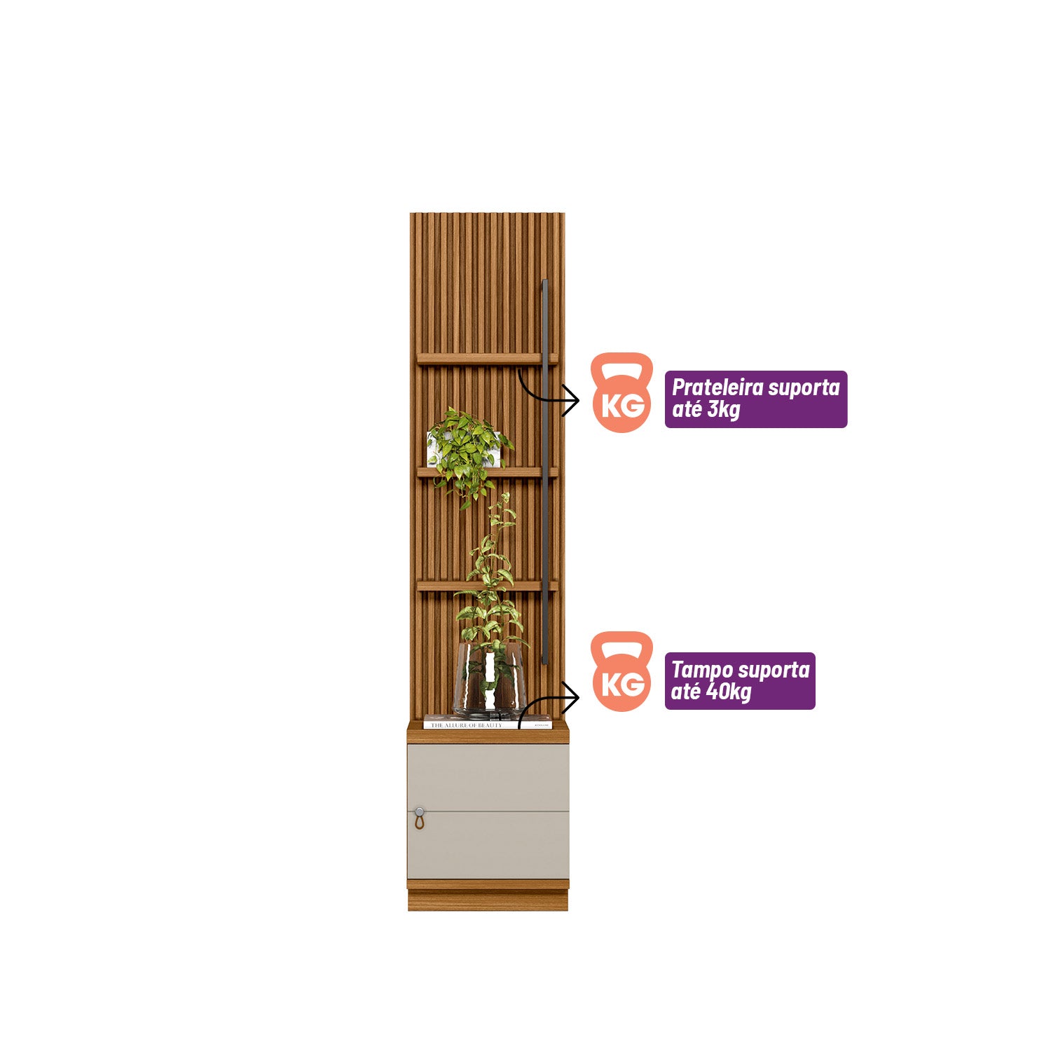 Módulo Lateral para Rack com Painel Ouro Preto Linea 44cm Nature e Off White